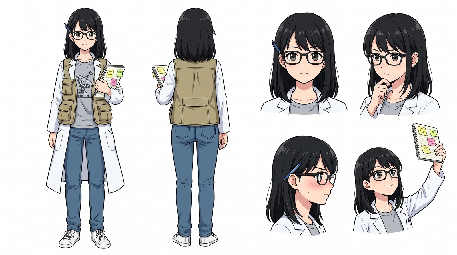 星野理子のキャラ設定画。全身の前後と4つの表情