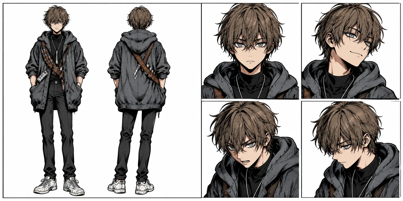 Reference art for Ren Saji: full body, front and back, with four expressions