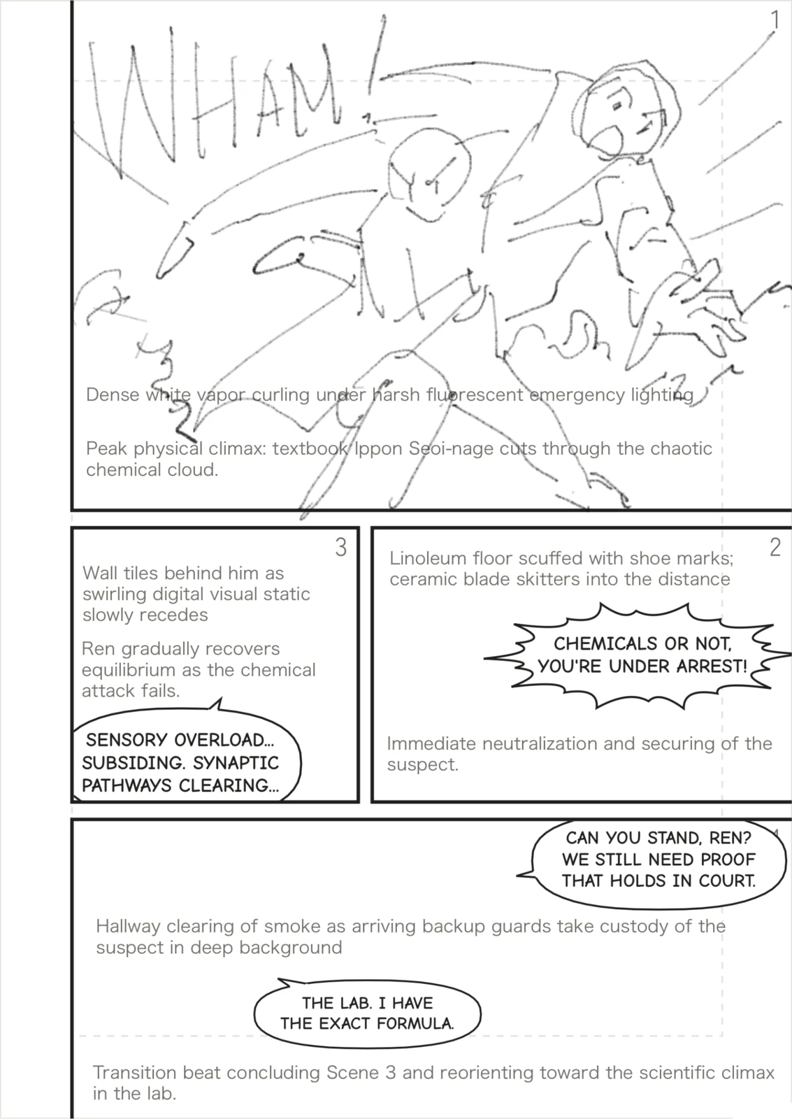 The storyboard for page 6: rough sketches in some panels and written art notes in others, shown at the same crop and scale as the finished side