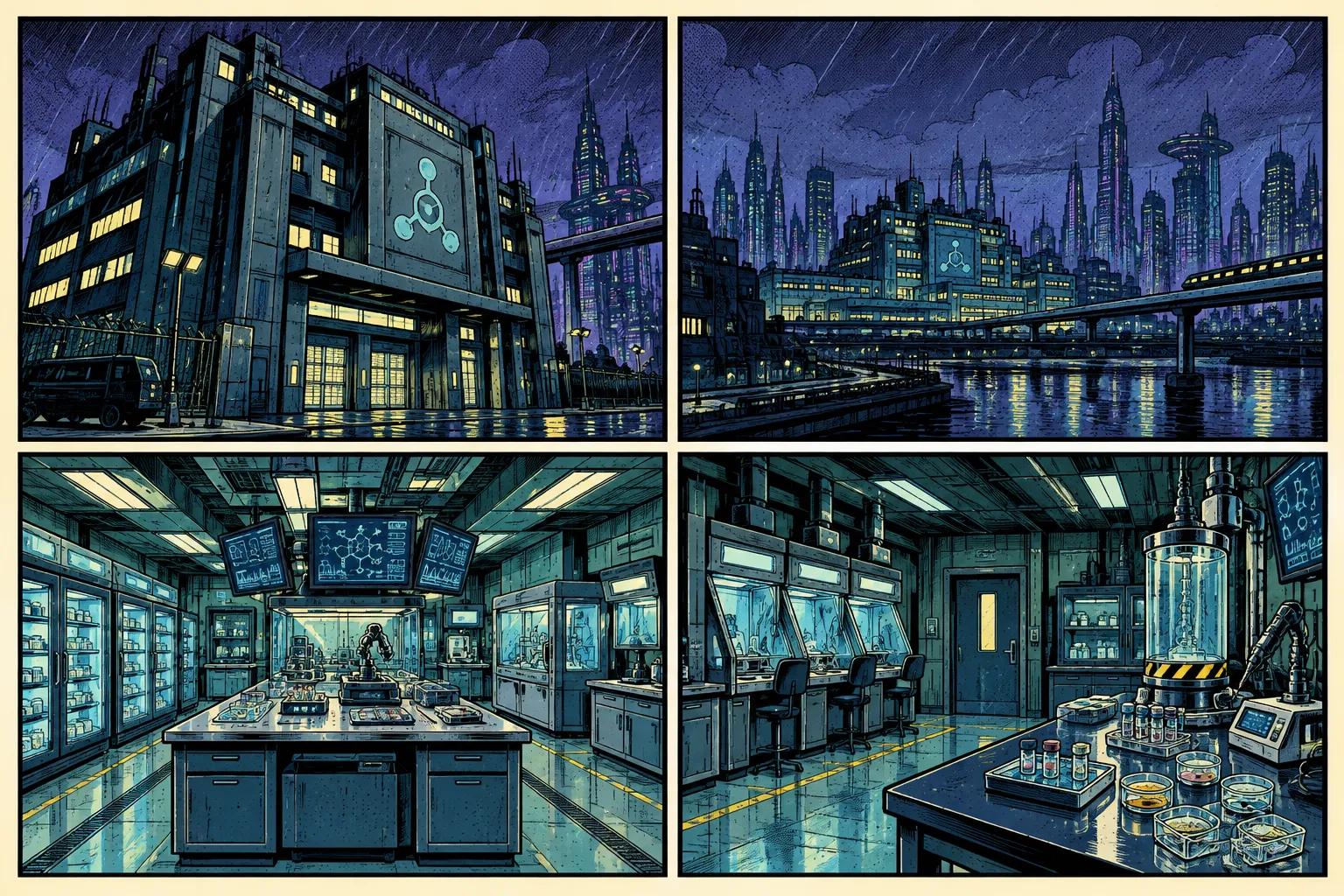 World art for Crime Scene Lab Sector B: the building exterior, the city skyline and two views of the lab interior